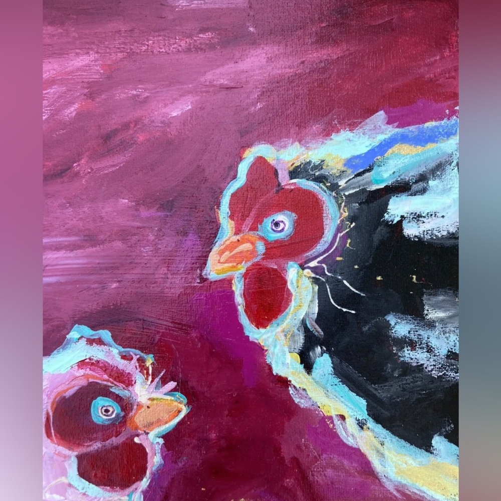 Three Chickens And An Egg””An Acrylic Original Painting 16”x12” On Canvas - Picture 5 of 14